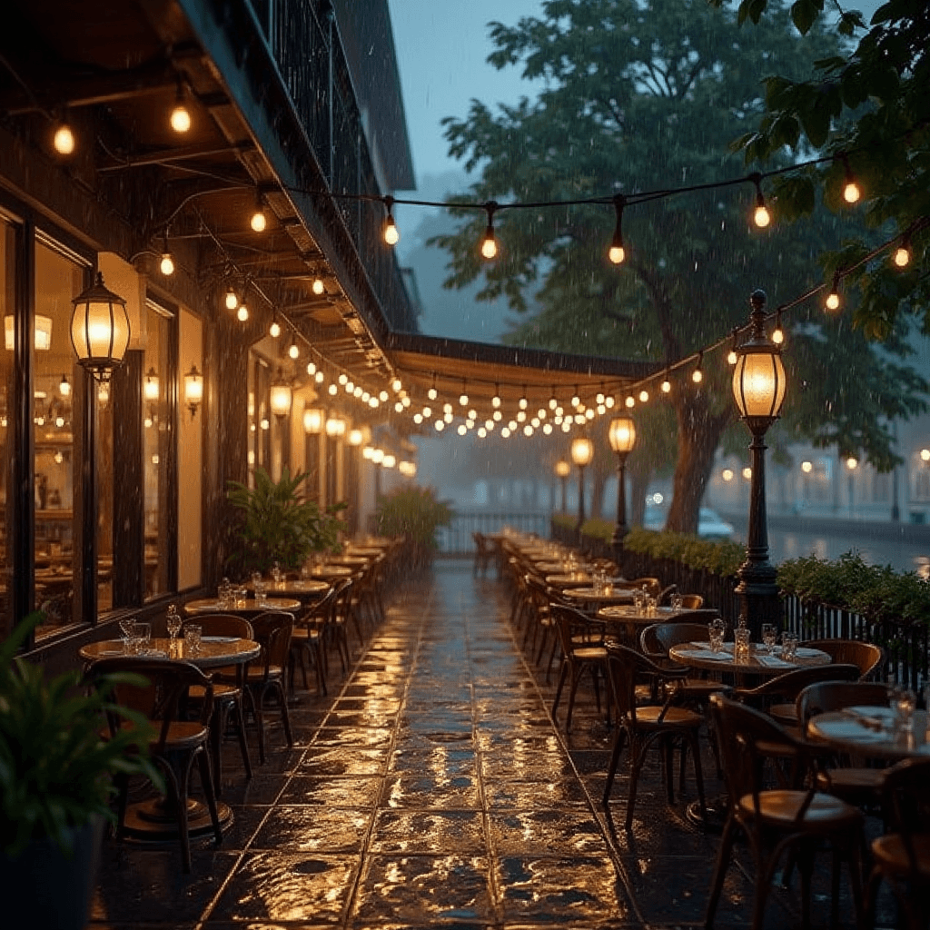 A cozy restaurant patio with tables and chairs, ready for customers.